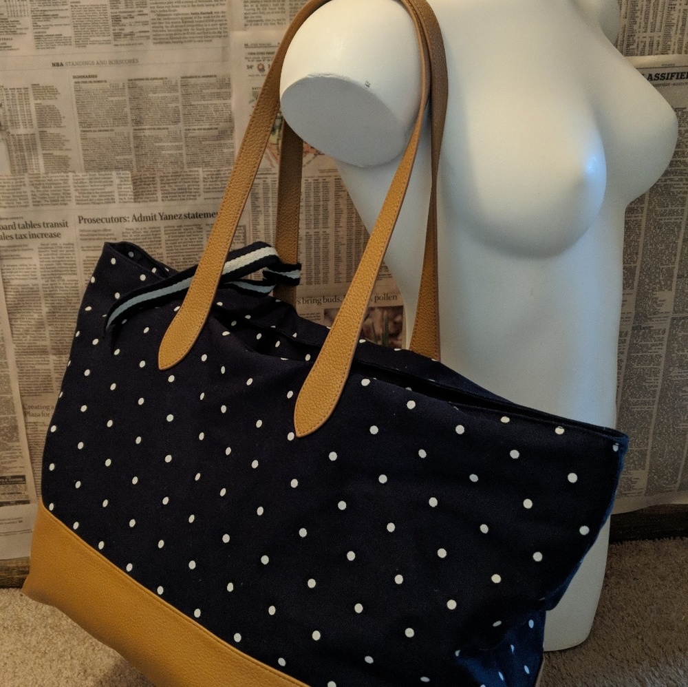 New large navy blue + white polka dots duffle bag